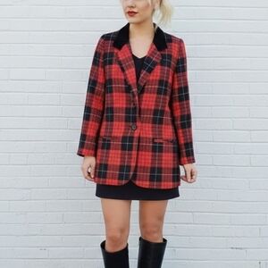 Vintage Red Black Plaid Boyfriend Blazer Velvet Jacket 1990s Size Medium Preppy
